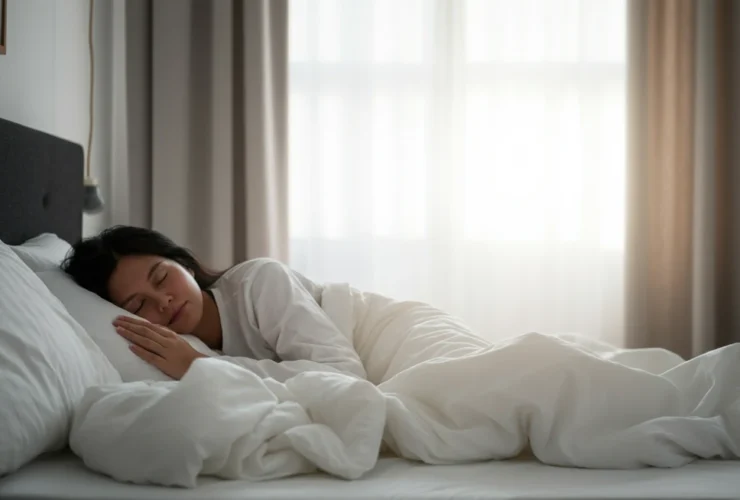 Person sover fredelig i nordisk soverom, morgenslys gjennom gardiner