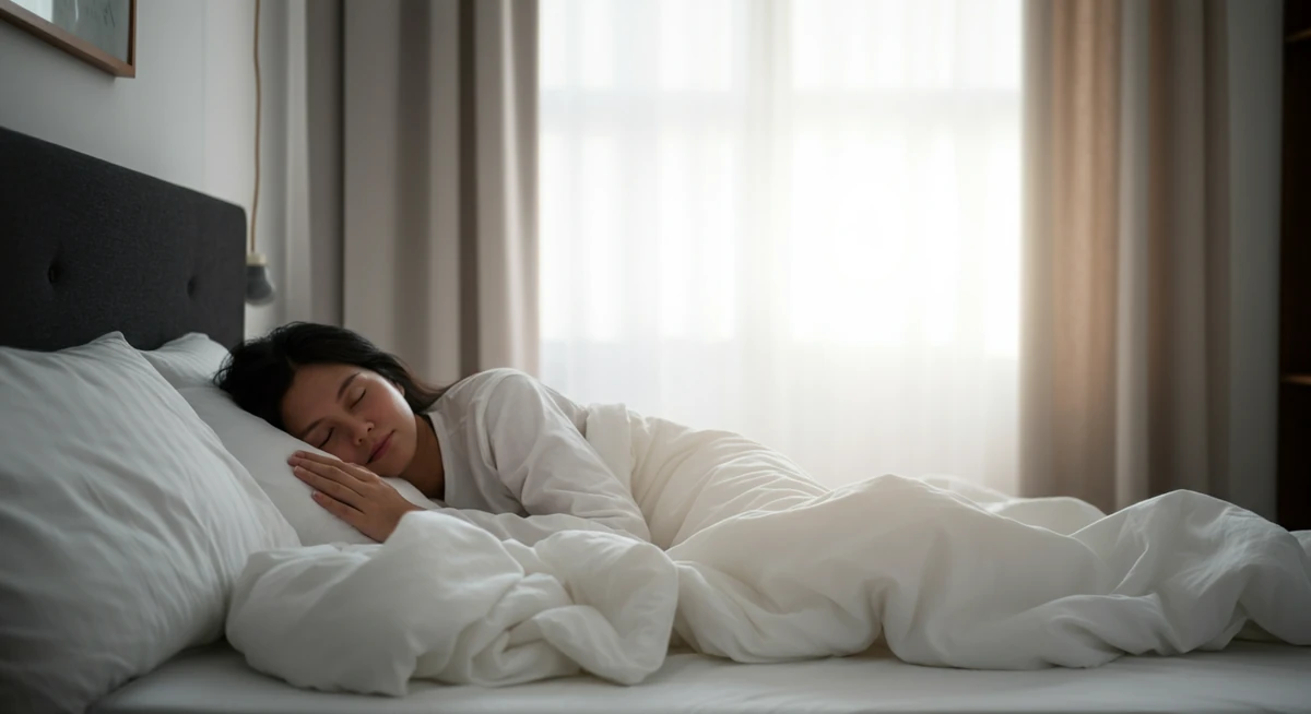 Person sover fredelig i nordisk soverom, morgenslys gjennom gardiner