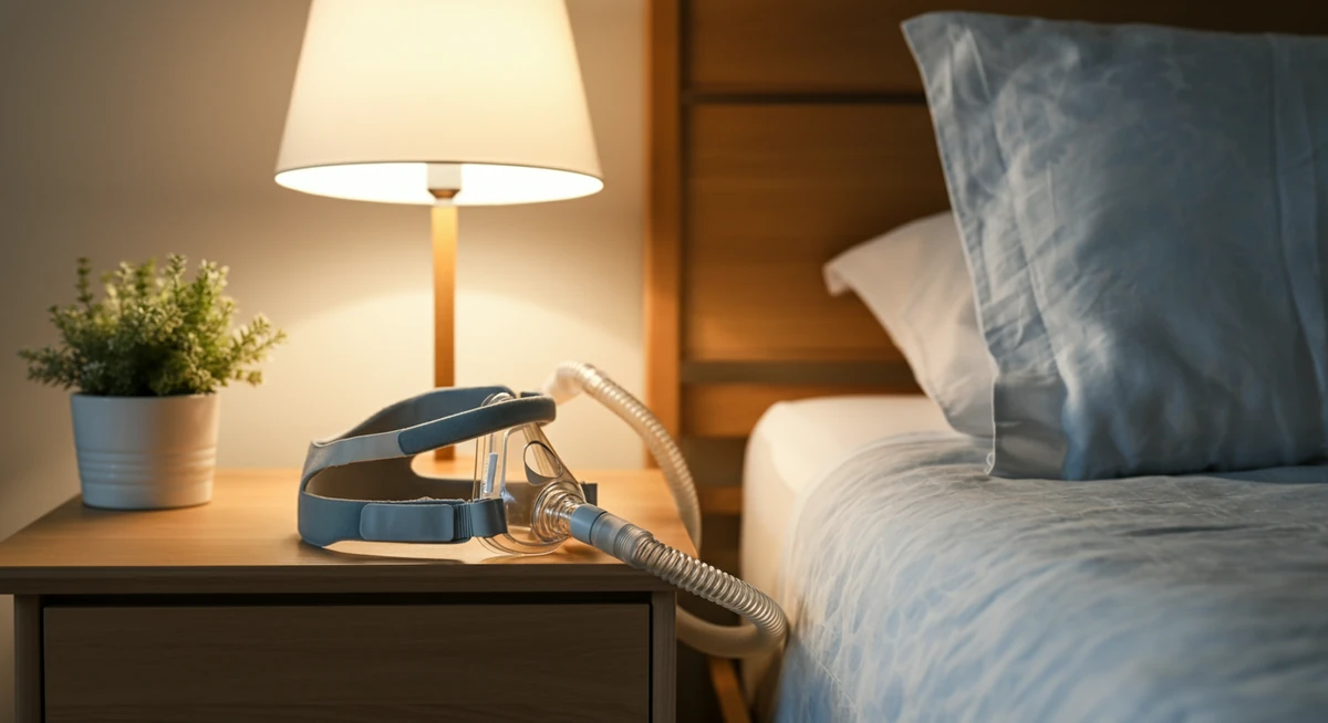 CPAP-maske ved sengen for behandling av søvnapné