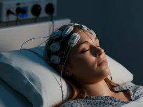 Polysomnografi-test med EEG-sensorer for å måle søvnstadier i klinisk søvnlab