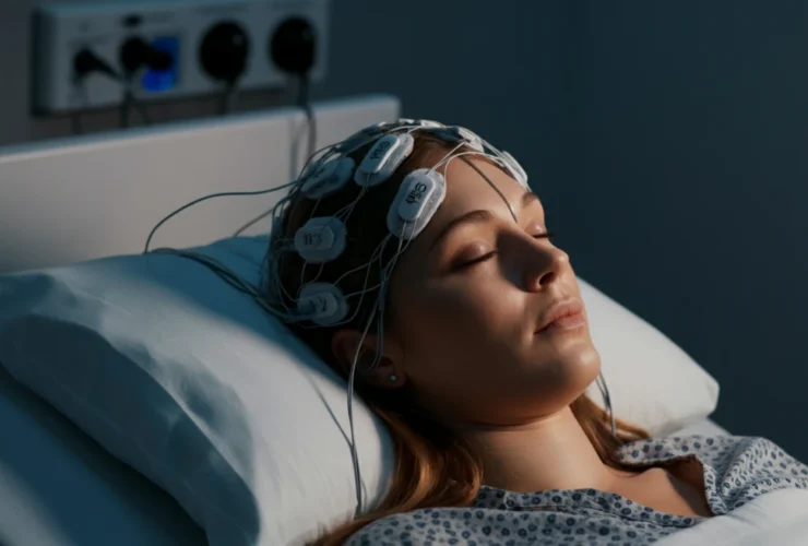 Polysomnografi-test med EEG-sensorer for å måle søvnstadier i klinisk søvnlab
