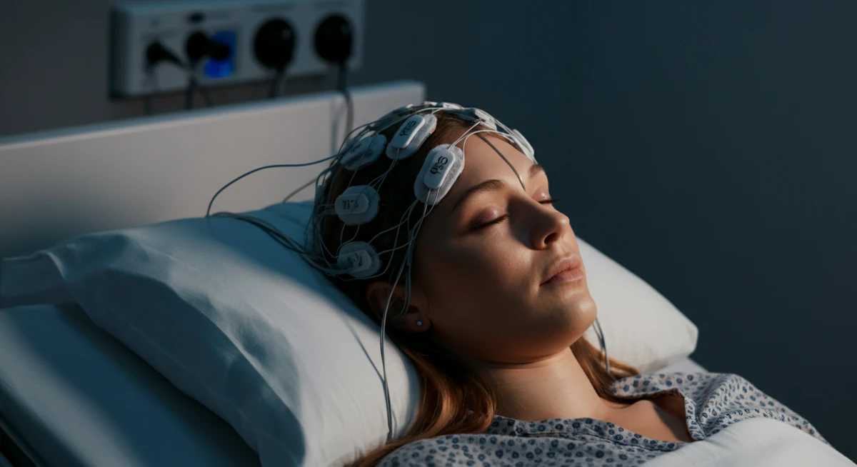 Polysomnografi-test med EEG-sensorer for å måle søvnstadier i klinisk søvnlab