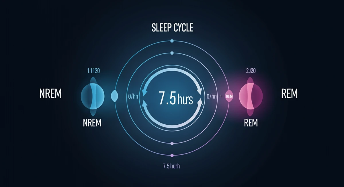 Søvnsyklus diagram som viser NREM og REM faser over 7,5 timer