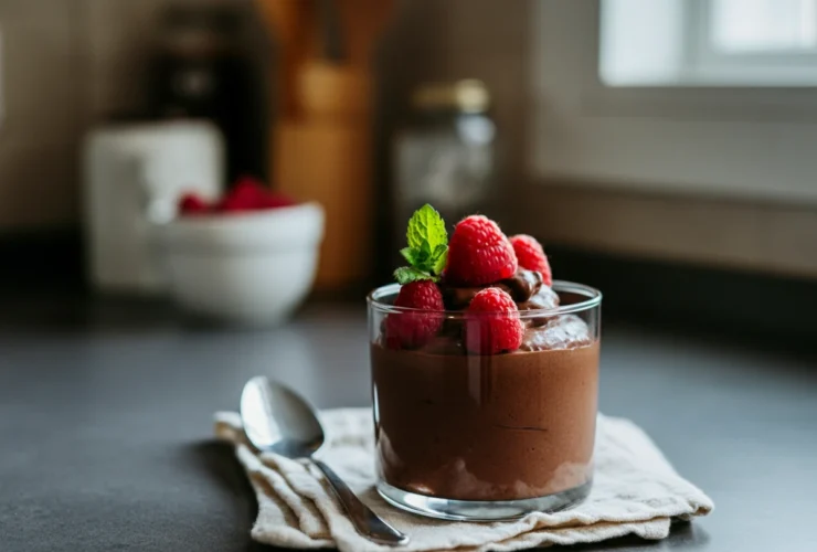Sukkerfri sjokolademousse med bringebær i glass