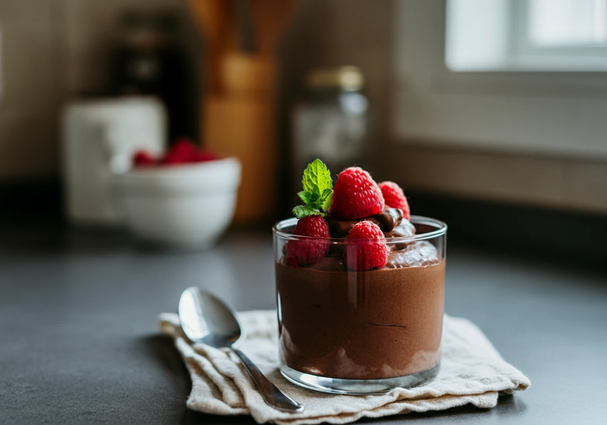 Sukkerfri sjokolademousse med bringebær i glass