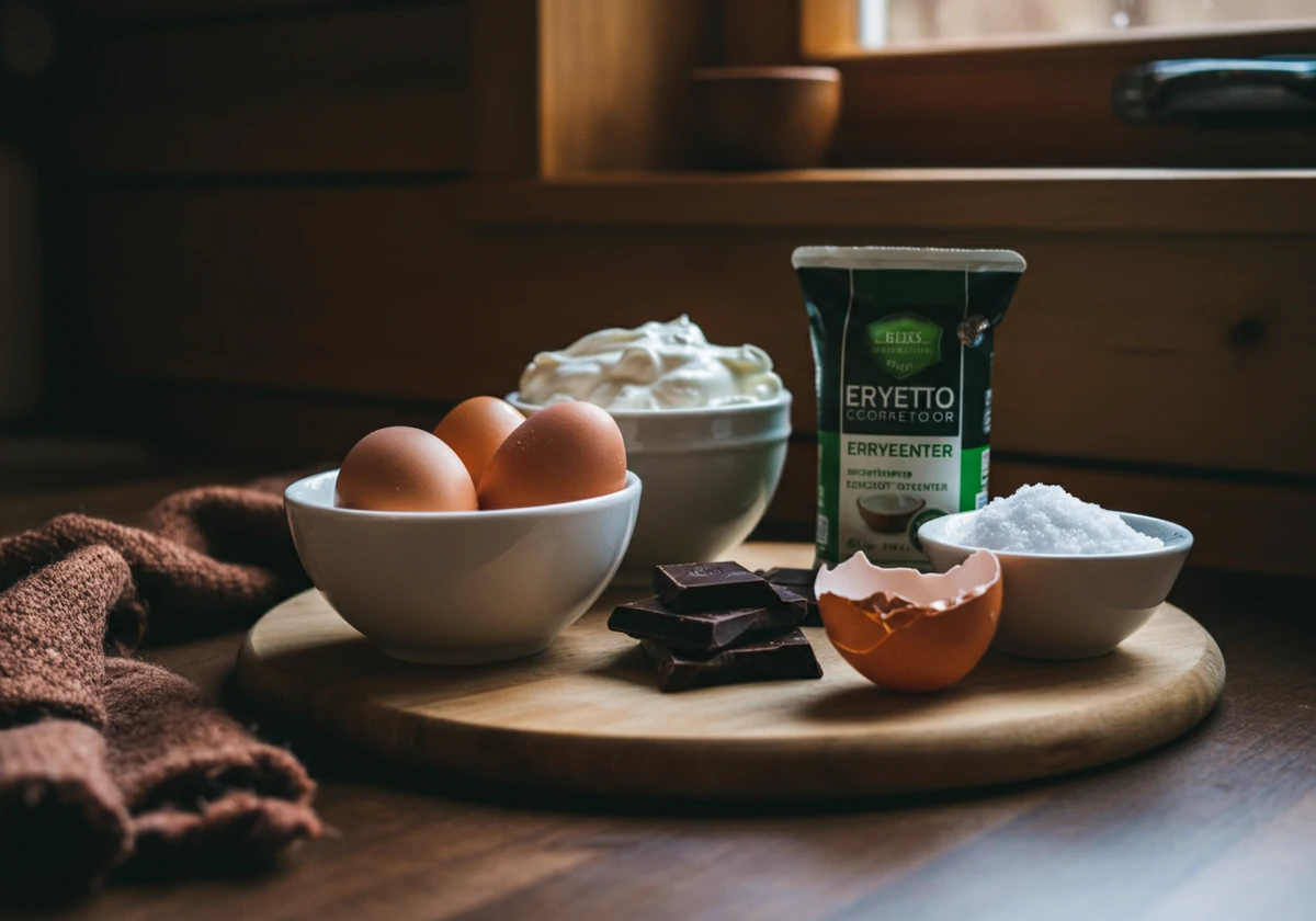 Råvarer til sukkerfri dessert: sjokolade, fløte og bær