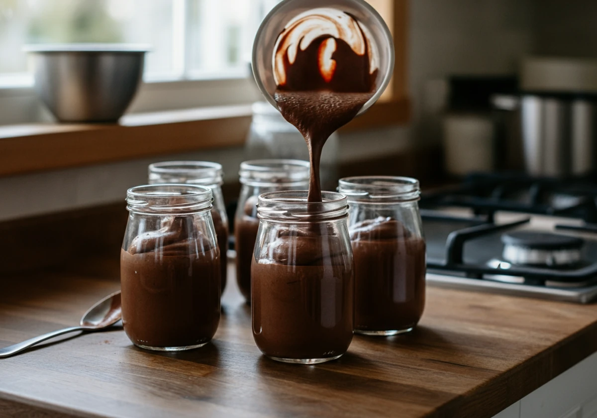 Sjokolademousse fordeles i små glass