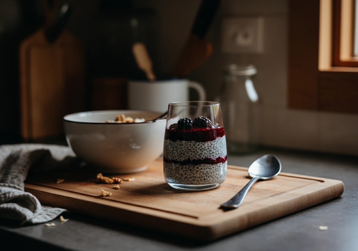 Chiapudding lagdeles med bærsaus i glass