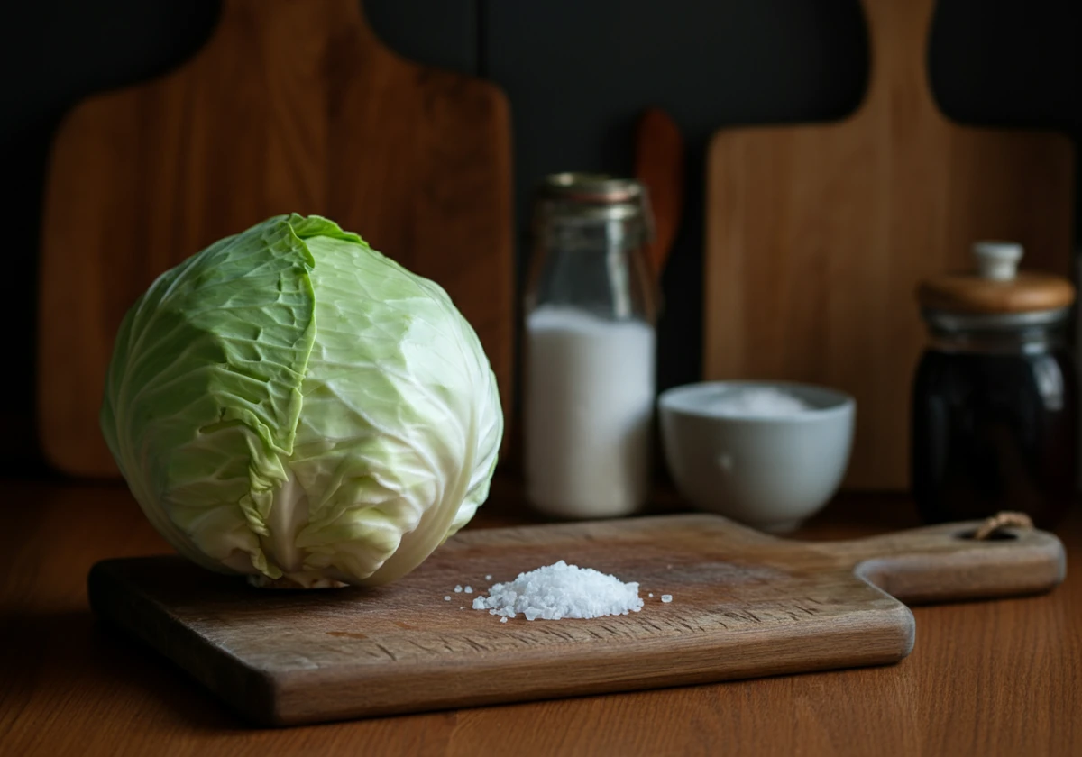 Hodekål og grovt havsalt på fjøl
