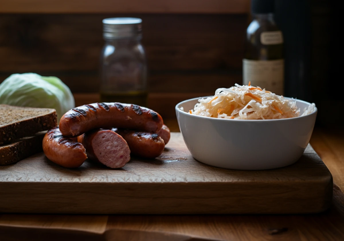Ferdig surkål servert med pølse og grovbrød