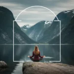 Rolig norsk naturscene med person i meditasjon ved innsjø