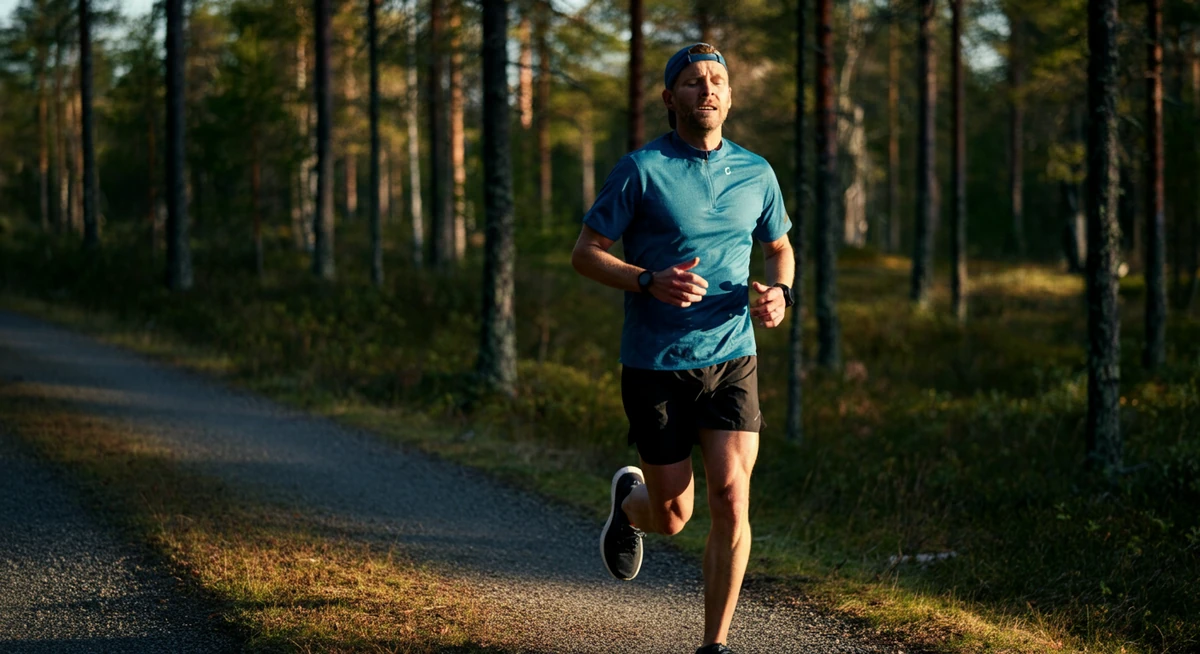 Løper fullfører tempo-økt på skogssti — kontrollert tretthet