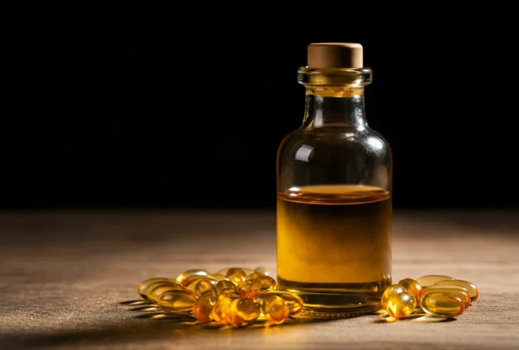 Norsk tran flaske og moderne omega-3 kapsler sammenligning