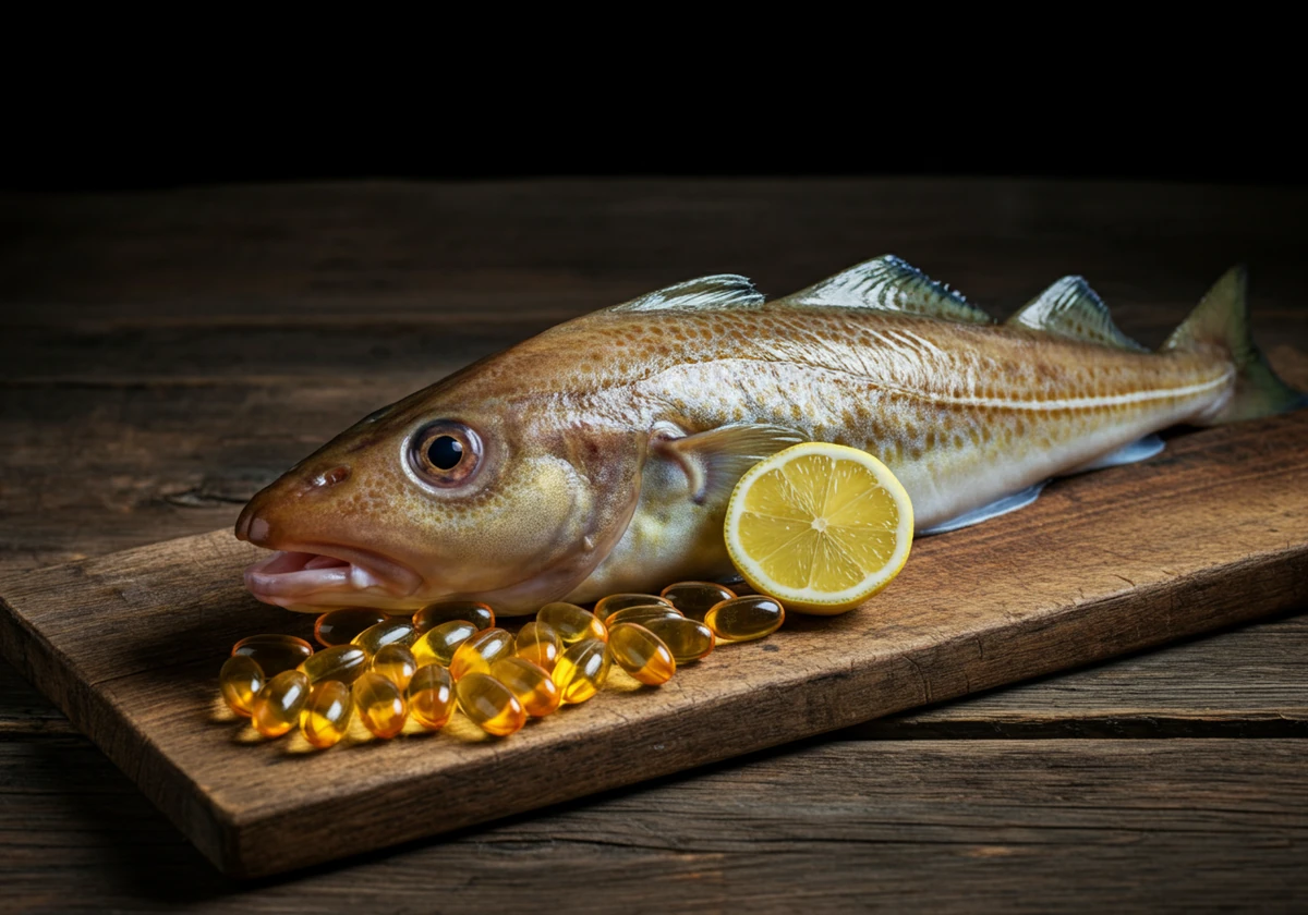 Fersk atlantisk torsk og fiskeolje kapsler på norsk treoverflate