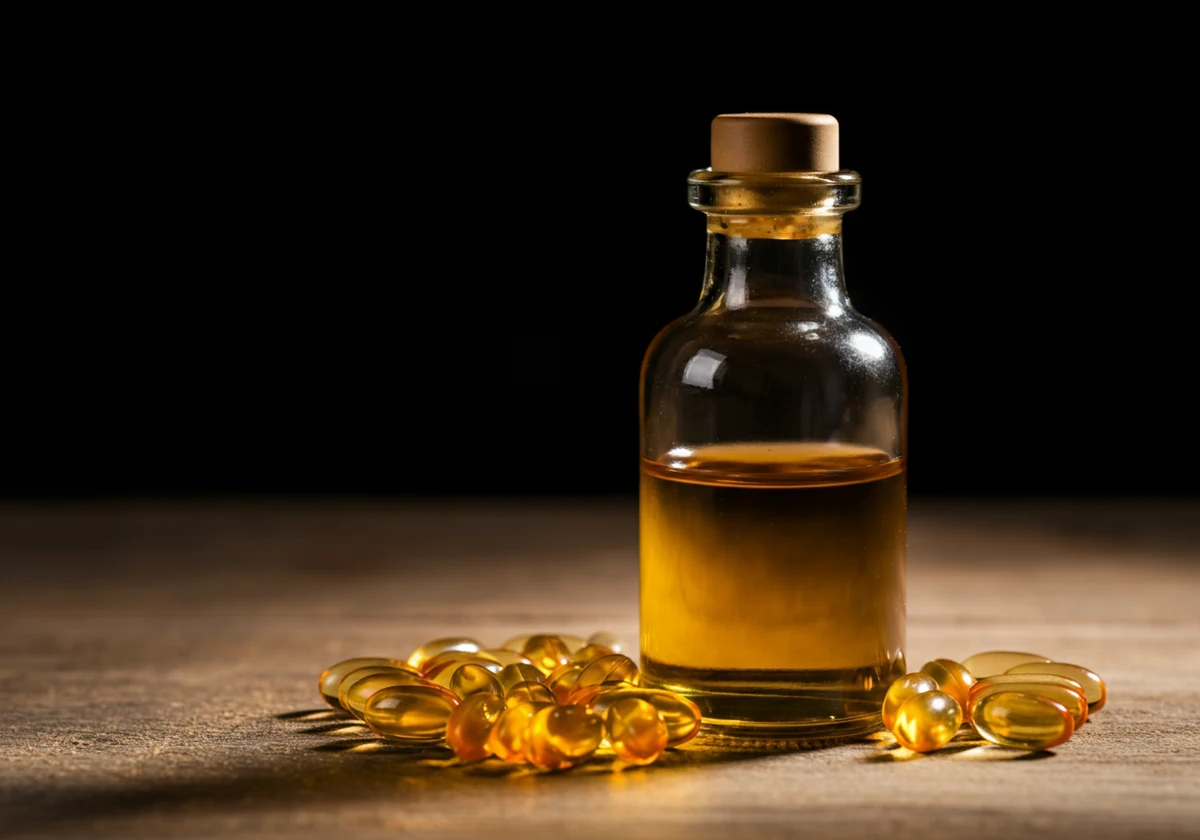Norsk tran flaske og moderne omega-3 kapsler sammenligning