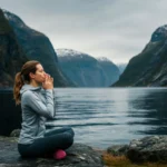 Person gjør pusteøvelse utendørs i norsk fjordlandskap