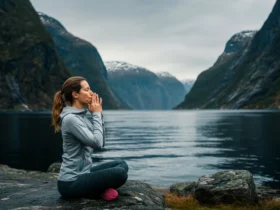 Person gjør pusteøvelse utendørs i norsk fjordlandskap