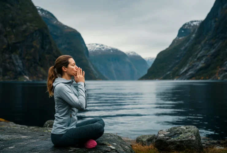 Person gjør pusteøvelse utendørs i norsk fjordlandskap