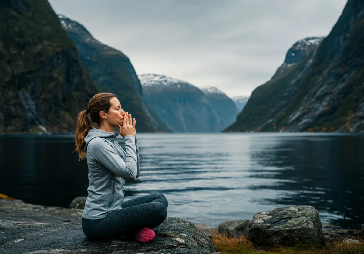 Person gjør pusteøvelse utendørs i norsk fjordlandskap