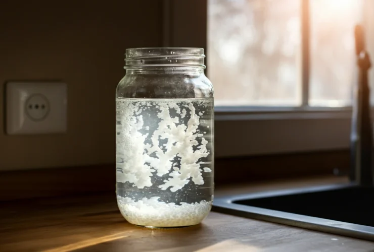 Vannkefir fermenterer i glasskrukke med korn