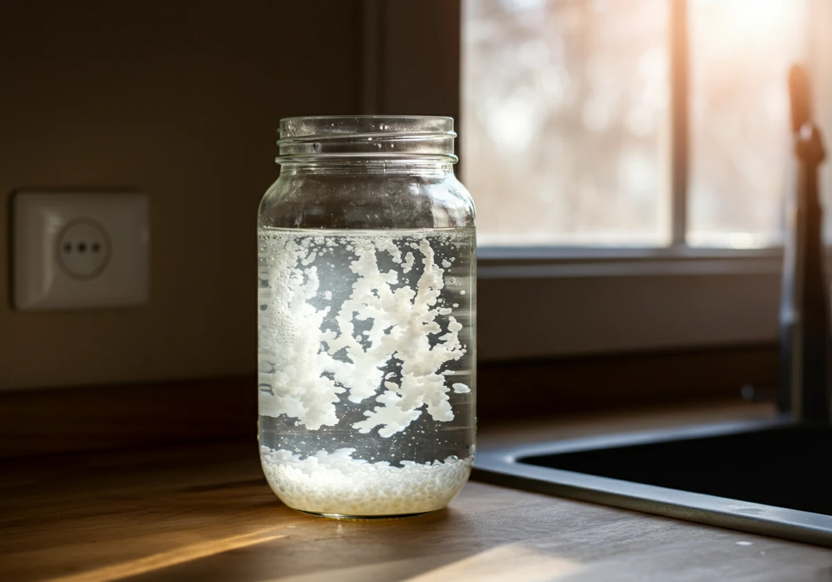 Vannkefir fermenterer i glasskrukke med korn