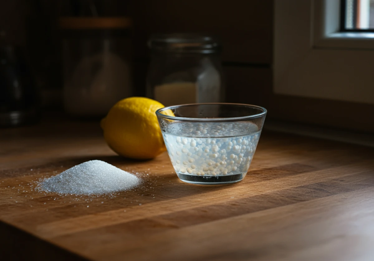 Vannkefirkorn ved siden av sukker og sitron