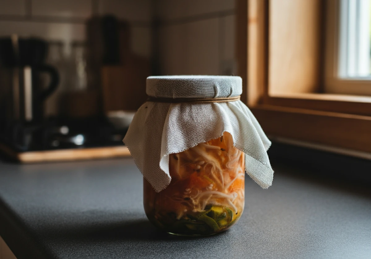 Glasset dekkes med tøy mens vannkefir fermenterer