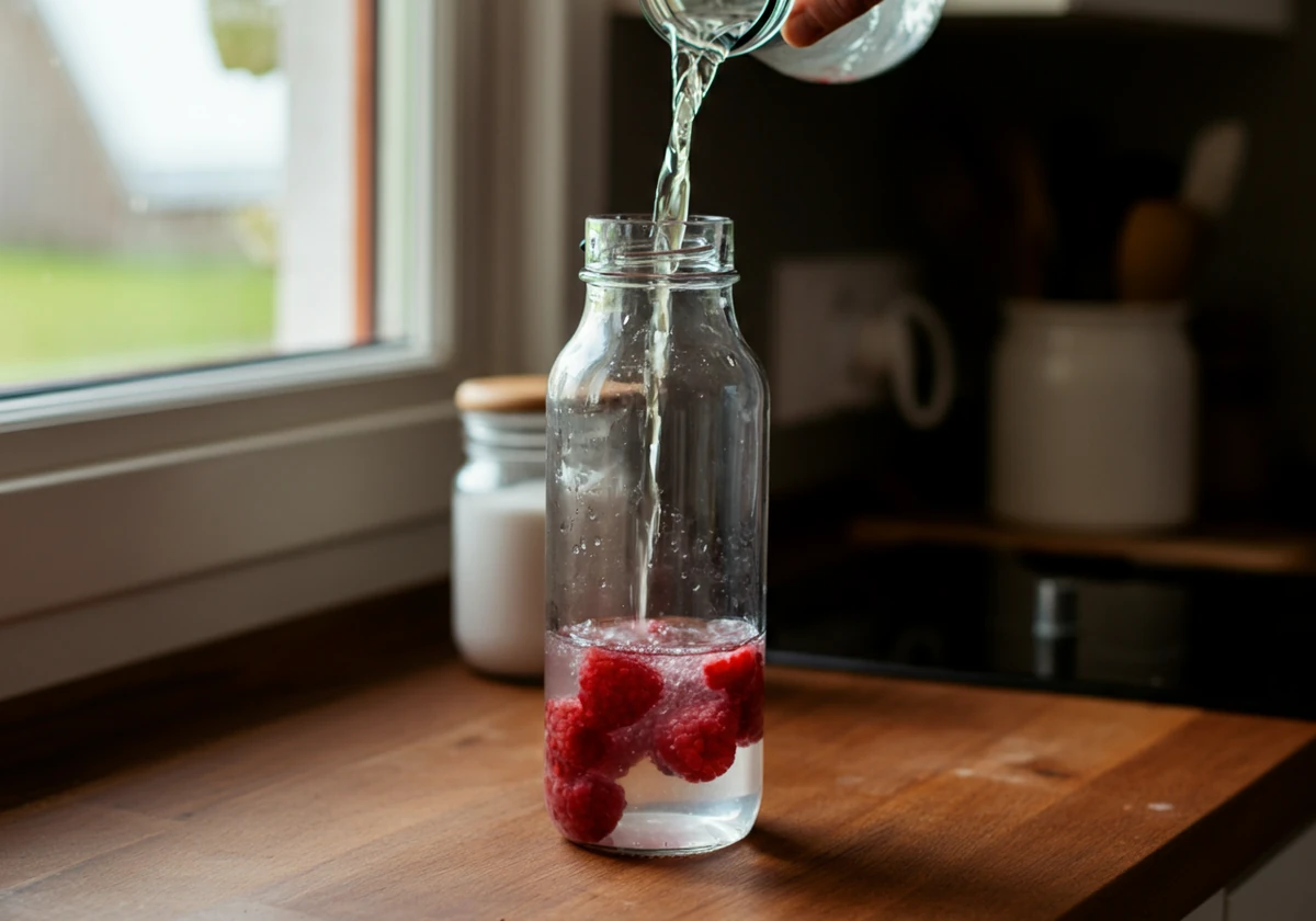 Vannkefir helles på flaske med bringebær for andregangsfermentering