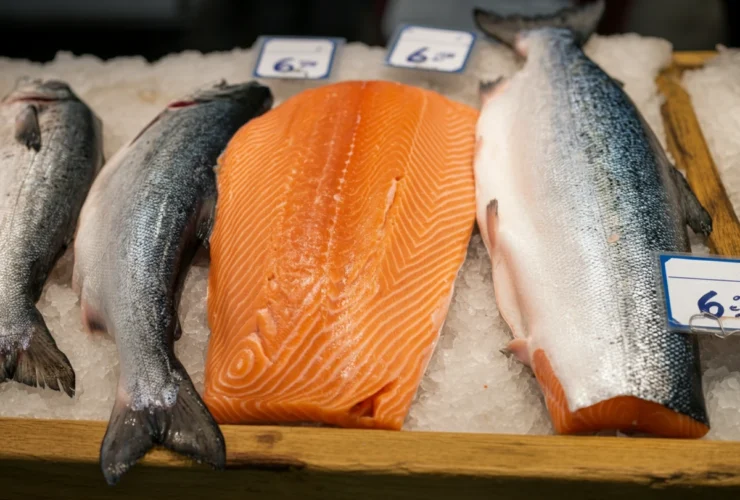 Villaks og oppdrettslaks side om side på norsk fiskebutikk