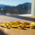 Vitamin D3 og K2 tilskudd kapsler med sollys gjennom vindu på trebord