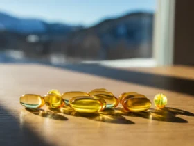 Vitamin D3 og K2 tilskudd kapsler med sollys gjennom vindu på trebord