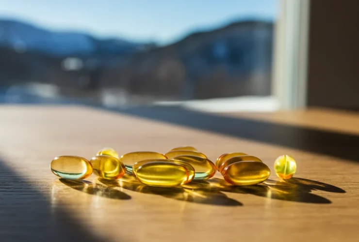 Vitamin D3 og K2 tilskudd kapsler med sollys gjennom vindu på trebord