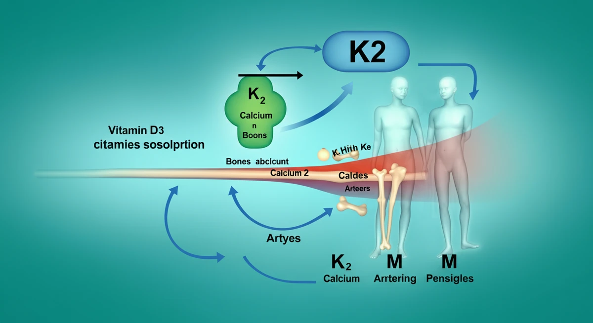 Diagram over vitamin D3 kalsiumabsorpsjon og K2 som styrer kalsium til bein versus arterier