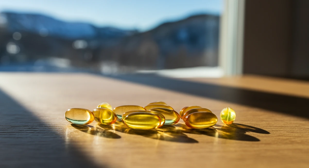 Vitamin D3 og K2 tilskudd kapsler med sollys gjennom vindu på trebord