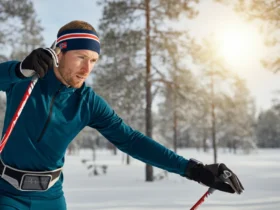 Norsk skiløper i vinterskogen med pulsklokke, treningssporing og atletisk livsstil