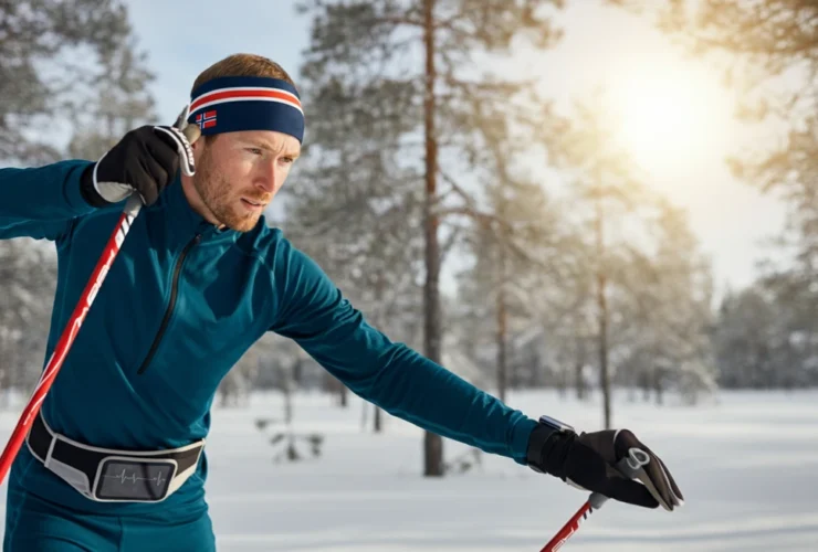 Norsk skiløper i vinterskogen med pulsklokke, treningssporing og atletisk livsstil