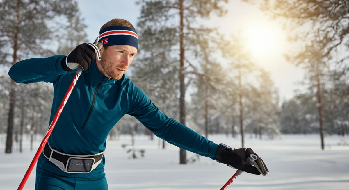 Norsk skiløper i vinterskogen med pulsklokke, treningssporing og atletisk livsstil