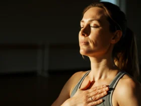 Kvinne praktiserer pusteteknikk i rolig yogastudio for nervesystem-regulering