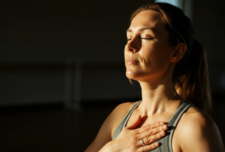 Kvinne praktiserer pusteteknikk i rolig yogastudio for nervesystem-regulering