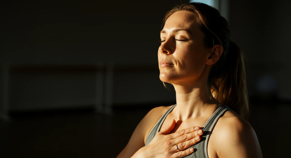 Kvinne praktiserer pusteteknikk i rolig yogastudio for nervesystem-regulering
