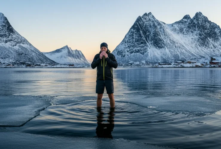 Mann praktiserer Wim Hof-metoden med isvann i Lofoten-fjord