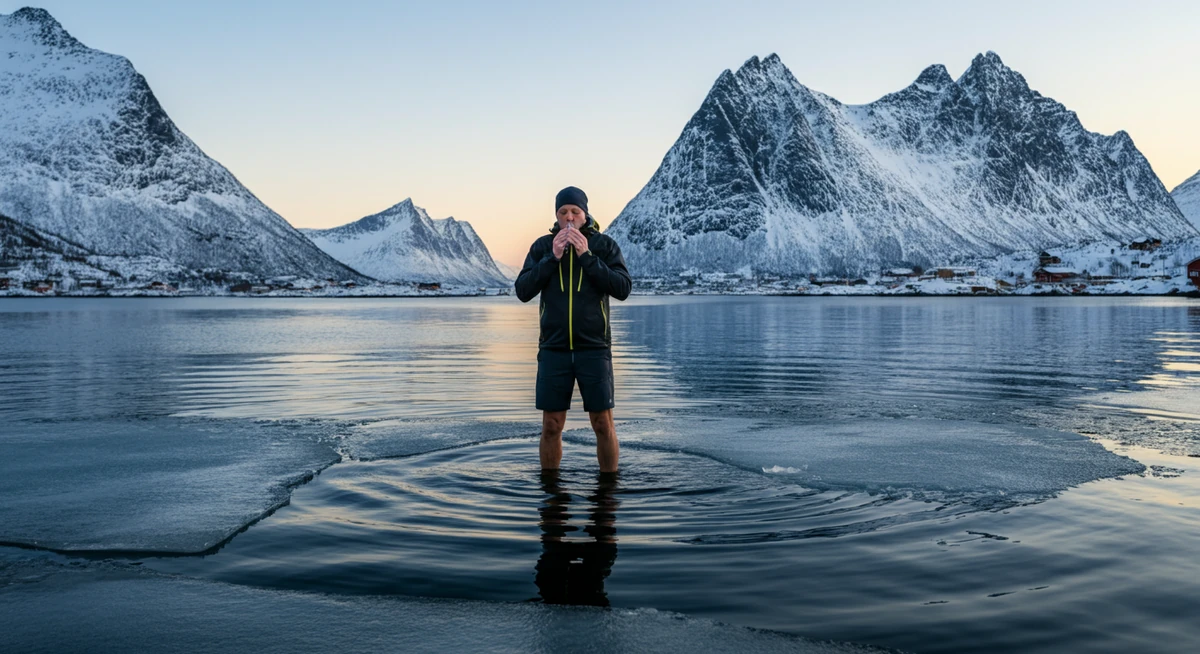 Mann praktiserer Wim Hof-metoden med isvann i Lofoten-fjord