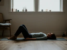 Person i savasana posisjon på yogamatte i fredelig skandinavisk rom med mykt lys