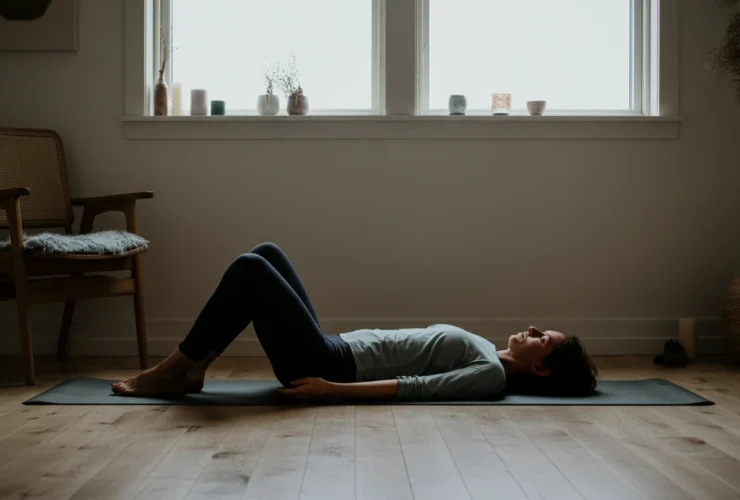 Person i savasana posisjon på yogamatte i fredelig skandinavisk rom med mykt lys