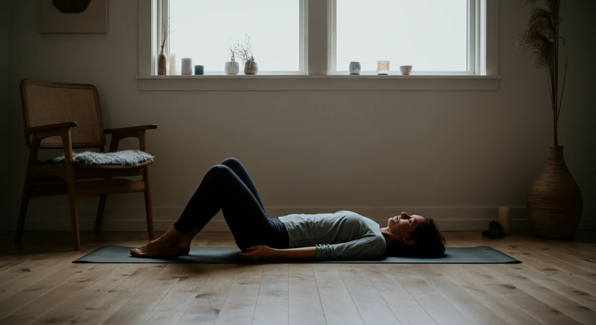 Person i savasana posisjon på yogamatte i fredelig skandinavisk rom med mykt lys