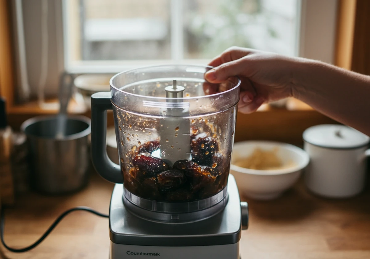 Dadler kjøres til en klebrig masse i foodprocessor