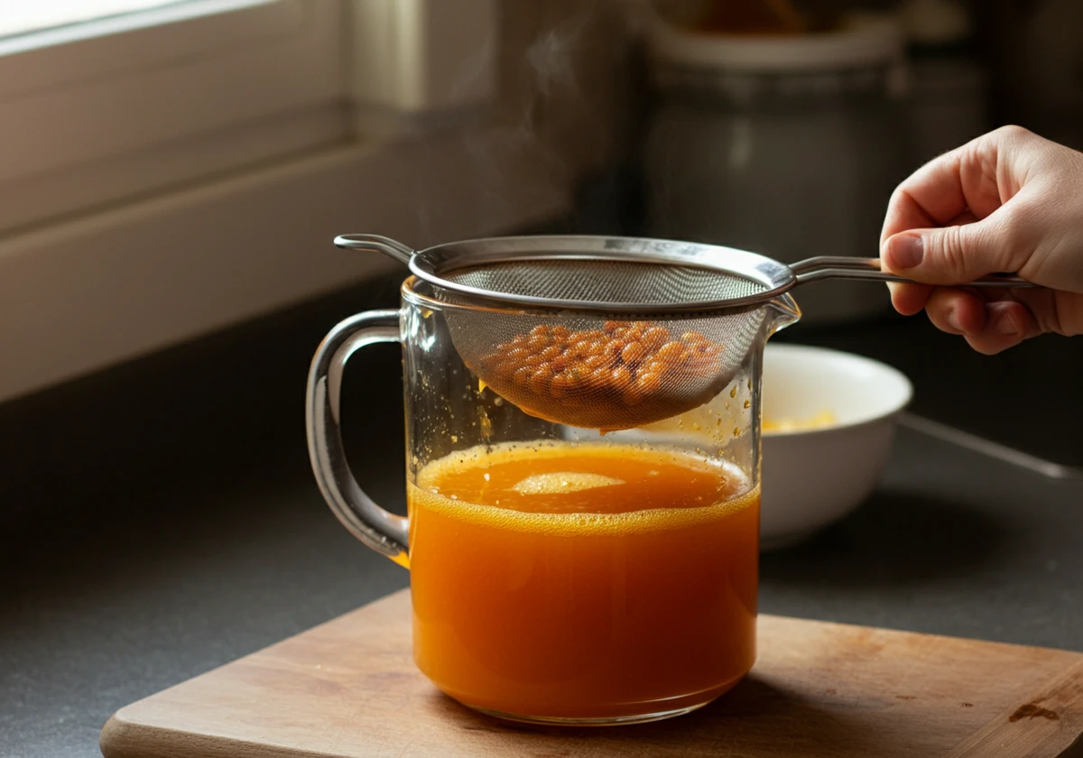Havtorn siles gjennom fin sil til klar oransje saft