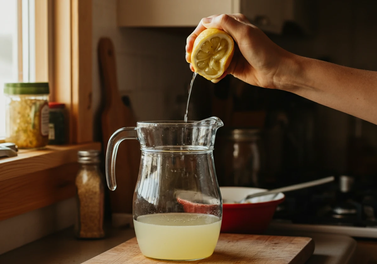 Frisk sitronsaft presses i kannen