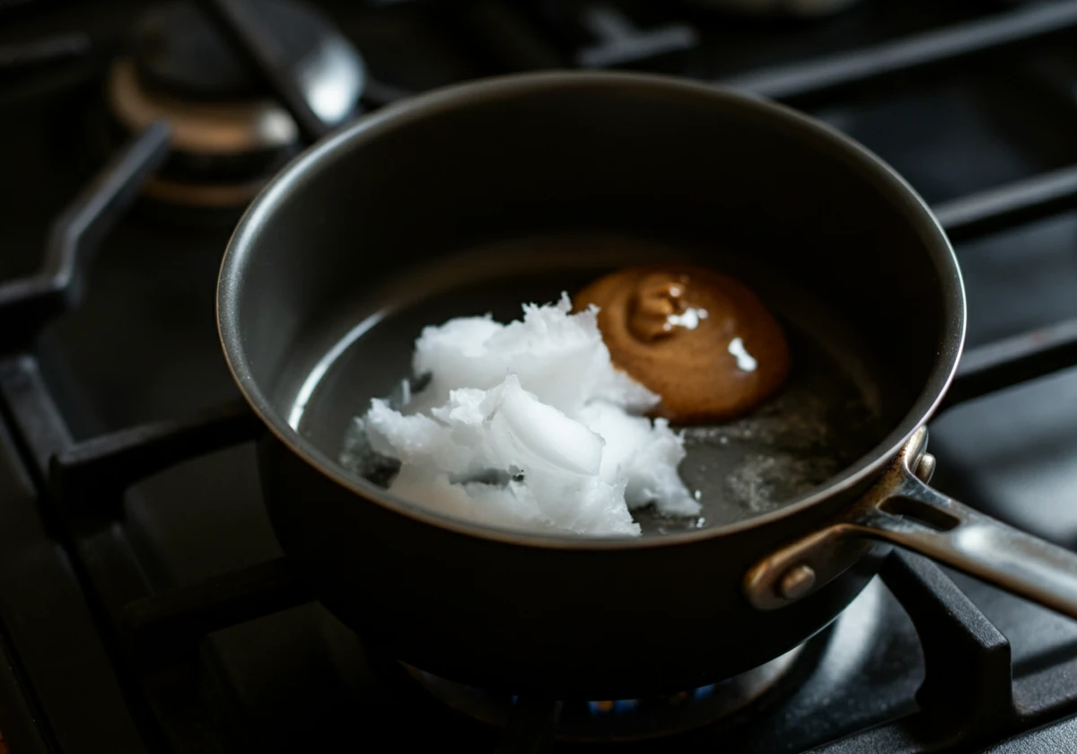 Kokosolje og mandelsmør smelter sammen i en kjele