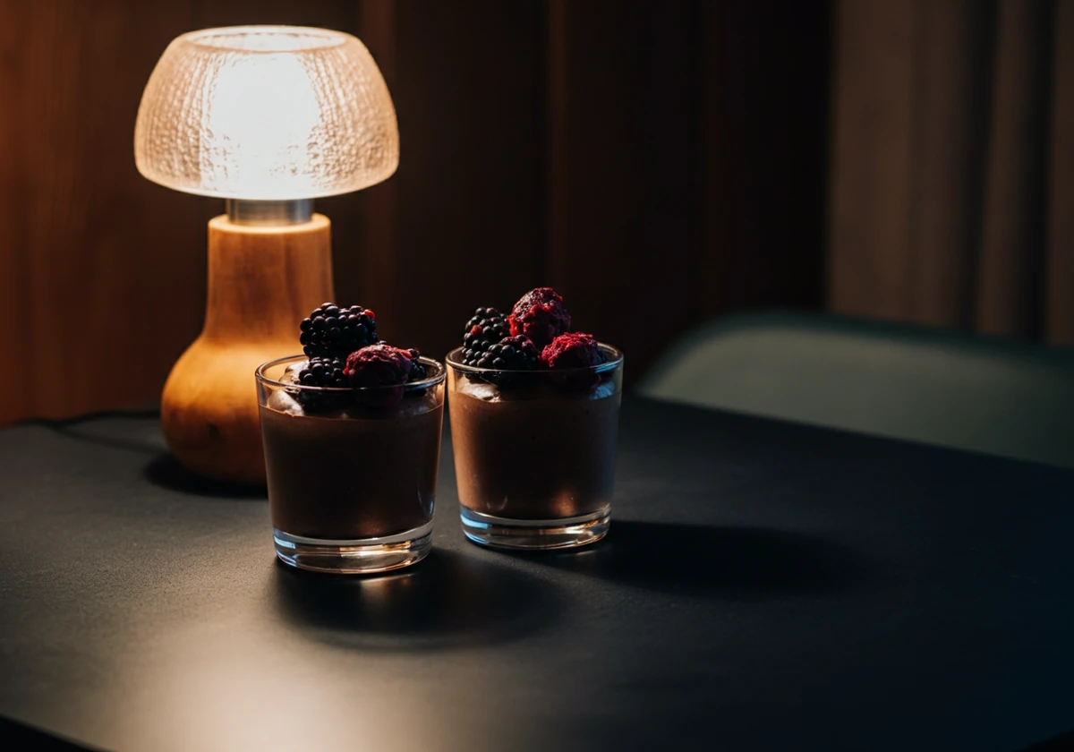 Keto sjokolademousse oppskrift: mørk mousse i glass med bær